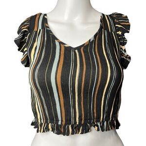 Patrons of Peace striped ruffle trim open back crop top blue & brown size XS